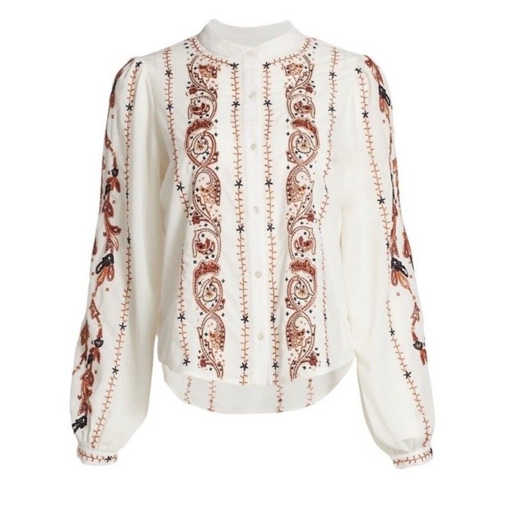 Veronica Beard Off White TIANE Embroidered Blouse Sz 00 Button Down (B